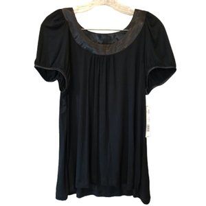 Apt. 9 Black Short Sleeve Dressy Top with Satin Trim and Gathering Size Large